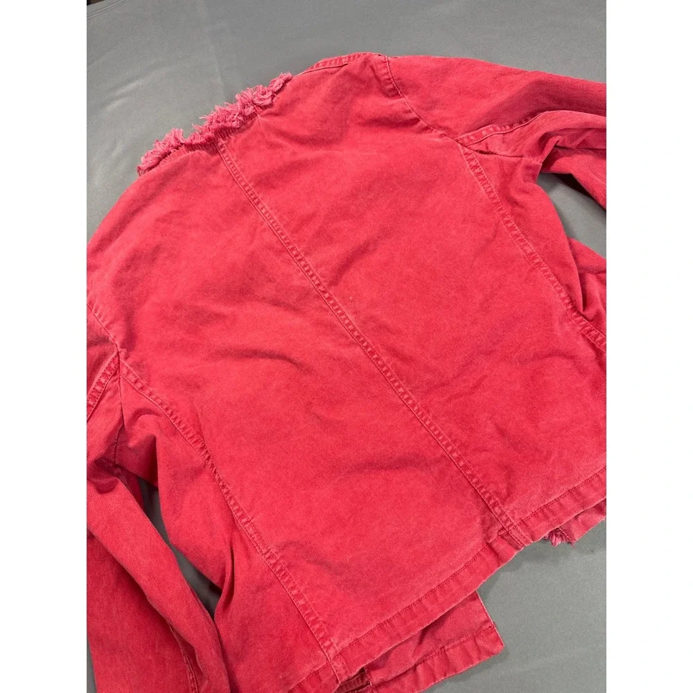 Michael Michael Kors Red Frayed Trim Denim Jacket XS Womens Collarless Utility